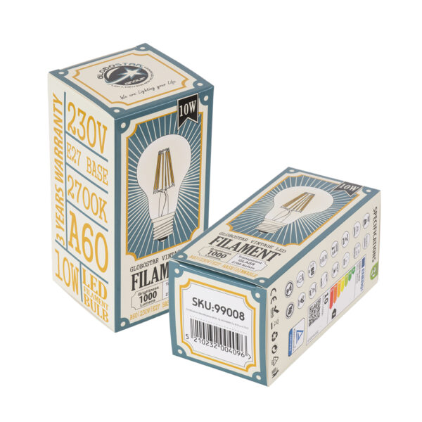 GloboStar® 99008 Λάμπα LED Long Filament E27 A60 Γλόμπος 10W 1000lm 360° AC 220-240V IP20 Φ6 x Υ10.5cm Θερμό Λευκό 2700K με Διάφανο Γυαλί – Dimmable – 3 Years Warranty
