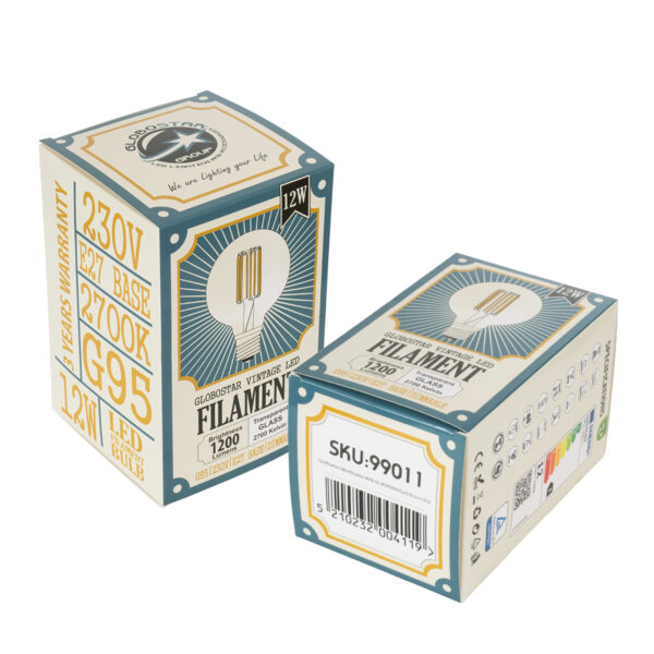 GloboStar® 99011 Λάμπα LED Long Filament E27 G95 Γλόμπος 12W 1200lm 360° AC 220-240V IP20 Φ9.5 x Υ13.5cm Θερμό Λευκό 2700K με Διάφανο Γυαλί – Dimmable – 3 Years Warranty