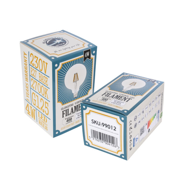 GloboStar® 99012 Λάμπα LED Long Filament E27 G125 Γλόμπος 4W 400lm 360° AC 220-240V IP20 Φ12.5 x Υ18cm Θερμό Λευκό 2700K με Διάφανο Γυαλί – Dimmable – 3 Years Warranty