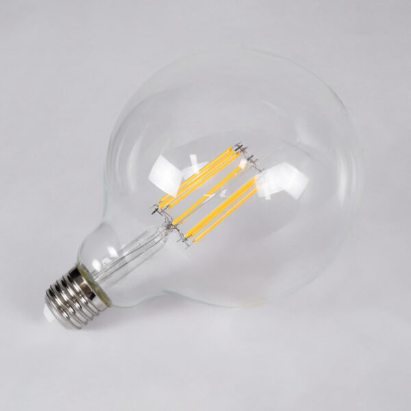 GloboStar® 99014 Λάμπα LED Long Filament E27 G125 Γλόμπος 12W 1200lm 360° AC 220-240V IP20 Φ12.5 x Υ18cm Θερμό Λευκό 2700K με Διάφανο Γυαλί – Dimmable – 3 Years Warranty