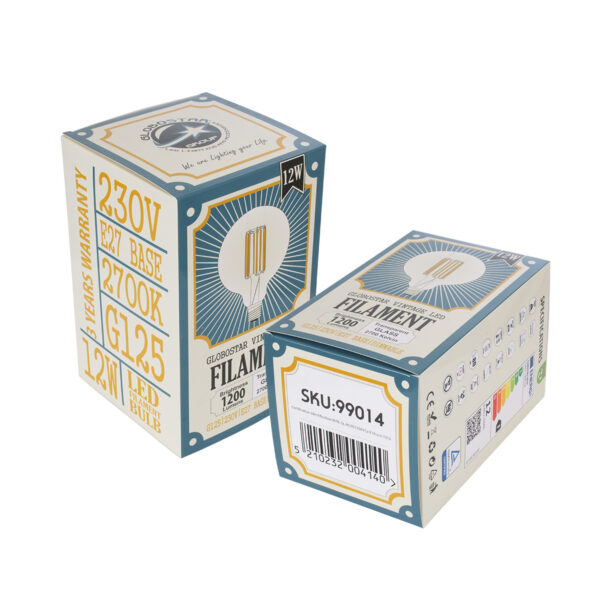 GloboStar® 99014 Λάμπα LED Long Filament E27 G125 Γλόμπος 12W 1200lm 360° AC 220-240V IP20 Φ12.5 x Υ18cm Θερμό Λευκό 2700K με Διάφανο Γυαλί – Dimmable – 3 Years Warranty