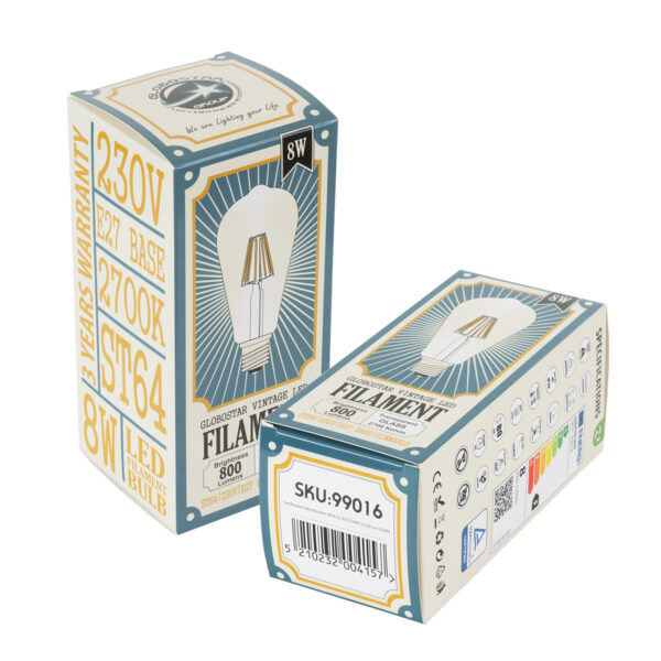 GloboStar® 99016 Λάμπα LED Long Filament E27 ST64 Αχλάδι 8W 800lm 360° AC 220-240V IP20 Φ6.4 x Υ14cm Θερμό Λευκό 2700K με Διάφανο Γυαλί – Dimmable – 3 Years Warranty