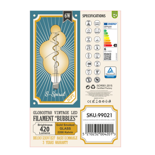 GloboStar® 99021 Λάμπα LED Soft S Spiral Filament E27 BB100 BUBBLES Γλόμπος 6W 420lm 360° AC 220-240V IP20 Φ10 x Υ24cm Ultra Θερμό Λευκό 2200K με Μελί Γυαλί – Dimmable – 3 Years Warranty