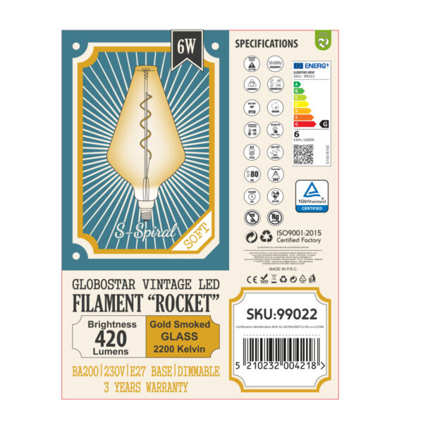GloboStar® 99022 Λάμπα LED Soft S Spiral Filament E27 BA200 ROCKET Γλόμπος 6W 420lm 360° AC 220-240V IP20 Φ20 x Υ41.5cm Ultra Θερμό Λευκό 2200K με Μελί Γυαλί – Dimmable – 3 Years Warranty