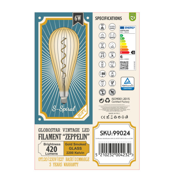 GloboStar® 99024 Λάμπα LED Soft S Spiral Filament E27 OT120 ZEPPELIN Γλόμπος 6W 420lm 360° AC 220-240V IP20 Φ12 x Υ46cm Ultra Θερμό Λευκό 2200K με Μελί Γυαλί – Dimmable – 3 Years Warranty