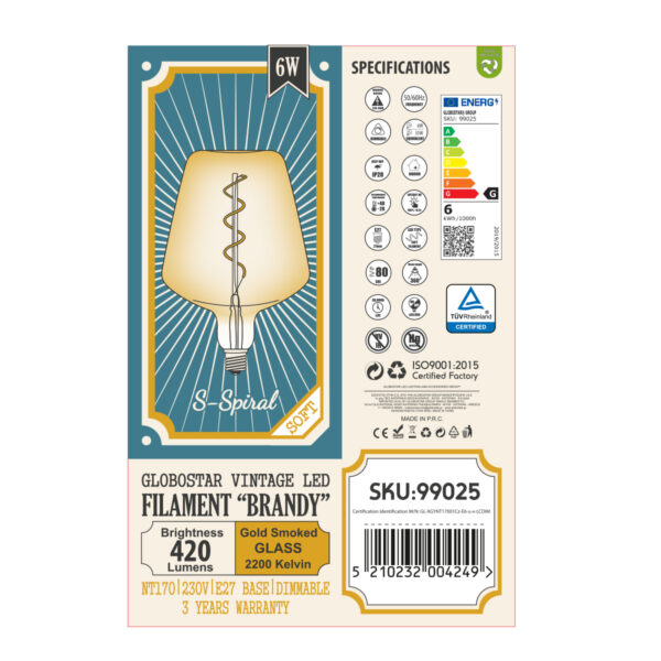 GloboStar® 99025 Λάμπα LED Soft S Spiral Filament E27 NT170 BRANDY Γλόμπος 6W 420lm 360° AC 220-240V IP20 Φ17 x Υ23cm Ultra Θερμό Λευκό 2200K με Μελί Γυαλί – Dimmable – 3 Years Warranty