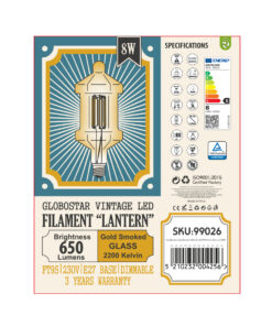 GloboStar® 99026 Λάμπα LED Long Filament E27 FT95 LANTERN Γλόμπος 8W 650lm 360° AC 220-240V IP20 Φ9.5 x Υ21.5cm Ultra Θερμό Λευκό 2200K με Μελί Γυαλί – Dimmable – 3 Years Warranty
