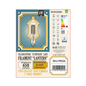 GloboStar® 99026 Λάμπα LED Long Filament E27 FT95 LANTERN Γλόμπος 8W 650lm 360° AC 220-240V IP20 Φ9.5 x Υ21.5cm Ultra Θερμό Λευκό 2200K με Μελί Γυαλί – Dimmable – 3 Years Warranty