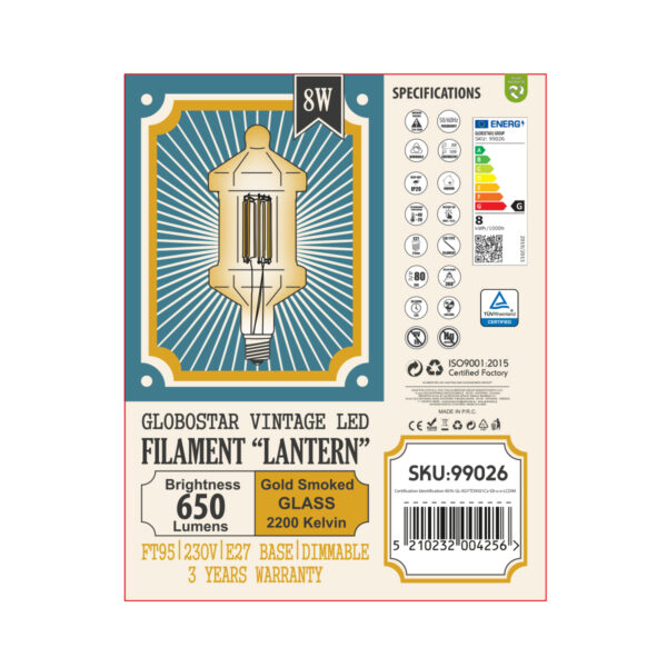 GloboStar® 99026 Λάμπα LED Long Filament E27 FT95 LANTERN Γλόμπος 8W 650lm 360° AC 220-240V IP20 Φ9.5 x Υ21.5cm Ultra Θερμό Λευκό 2200K με Μελί Γυαλί – Dimmable – 3 Years Warranty