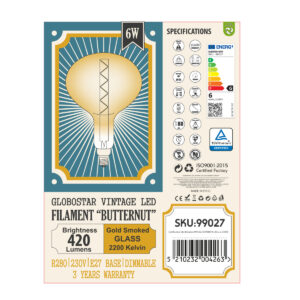 GloboStar® 99027 Λάμπα LED Zig Long Filament E27 R280 BUTTERNUT Γλόμπος 6W 420lm 360° AC 220-240V IP20 Φ28 x Υ41cm Ultra Θερμό Λευκό 2200K με Μελί Γυαλί – Dimmable – 3 Years Warranty