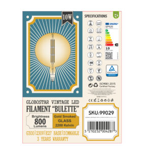 GloboStar® 99029 Λάμπα LED Long Filament E27 G300 BULETTE Γλόμπος 10W 800lm 360° AC 220-240V IP20 Φ30 x Υ49cm Ultra Θερμό Λευκό 2200K με Μελί Γυαλί – Dimmable – 3 Years Warranty – The Bigger Bulb in Greece