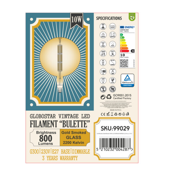 GloboStar® 99029 Λάμπα LED Long Filament E27 G300 BULETTE Γλόμπος 10W 800lm 360° AC 220-240V IP20 Φ30 x Υ49cm Ultra Θερμό Λευκό 2200K με Μελί Γυαλί – Dimmable – 3 Years Warranty – The Bigger Bulb in Greece