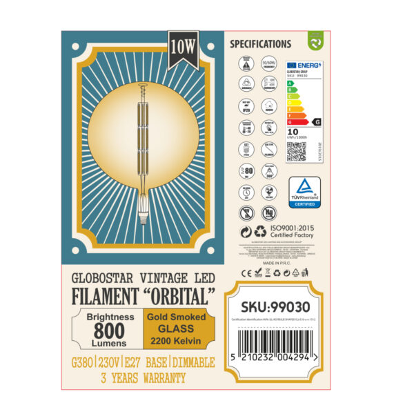 GloboStar® 99030 Λάμπα LED Long Filament E27 G380 ORBITAL Γλόμπος 10W 800lm 360° AC 220-240V IP20 Φ38 x Υ55cm Ultra Θερμό Λευκό 2200K με Μελί Γυαλί – Dimmable – 3 Years Warranty – The Bigger Bulb in Greece