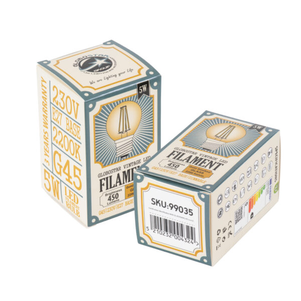 GloboStar® 99035 Λάμπα LED Long Filament E27 G45 Γλομπάκι 5W 450lm 360° AC 220-240V IP20 Φ4.5 x Υ7.5cm Ultra Θερμό Λευκό 2200K με Μελί Γυαλί – Dimmable – 3 Years Warranty
