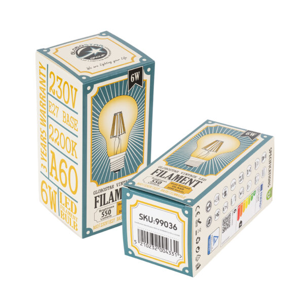 GloboStar® 99036 LED Long Filament Bulb E27 A60 Globe 6W 550lm 360° AC 220-240V IP20 D6 x H10.5cm Ultra Θερμό Λευκό 2200K με Μελί Γυαλί – Dimmable – 3 Years Warranty