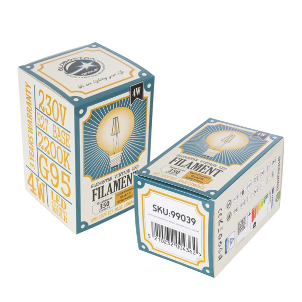 GloboStar® 99039 LED Long Filament Bulb E27 G95 Globe 4W 350lm 360° AC 220-240V IP20 D9.5 x H13.5cm Ultra Θερμό Λευκό 2200K με Μελί Γυαλί – Dimmable – 3 Years Warranty