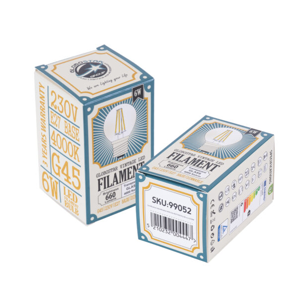 GloboStar® 99052 Λάμπα LED Long Filament E27 G45 Γλομπάκι 6W 660lm 360° AC 220-240V IP20 Φ4.5 x Υ7.5cm Φυσικό Λευκό 4000K με Διάφανο Γυαλί – Dimmable – 3 Years Warranty