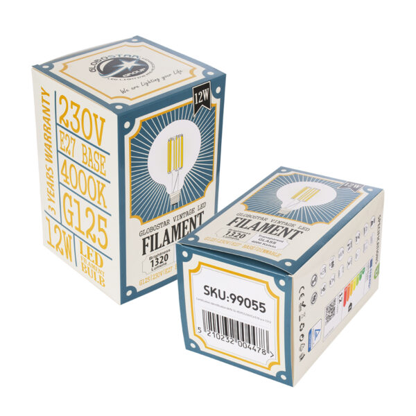 GloboStar® 99055 Λάμπα LED Long Filament E27 G125 Γλόμπος 12W 1320lm 360° AC 220-240V IP20 Φ12.5 x Υ18cm Φυσικό Λευκό 4000K με Διάφανο Γυαλί – Dimmable – 3 Years Warranty