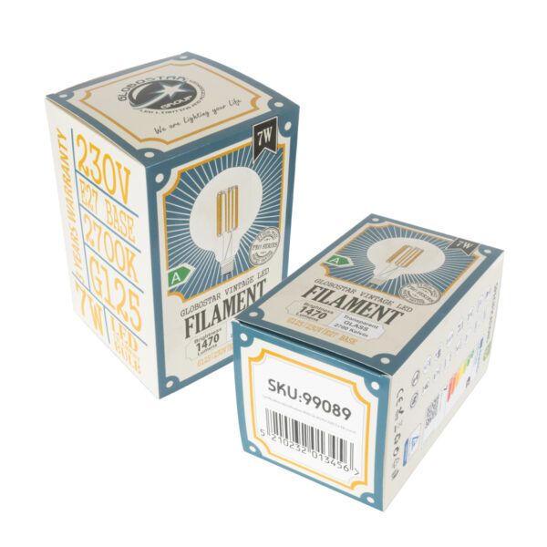 GloboStar® 99089 Λάμπα LED Long Filament E27 G125 Γλόμπος 7W 1470lm 360° AC 220-240V IP20 Φ12.5 x Υ13.8cm Θερμό Λευκό 2700K με Διάφανο Γυαλί – Pro Series 210lm/W – A Ενεργειακή Κλάση – 3 Χρόνια Εγγύηση