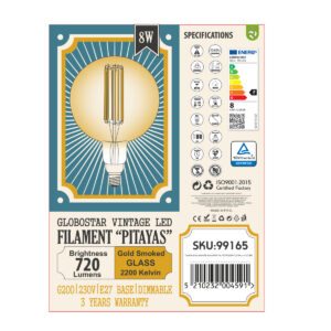 GloboStar® 99165 Λάμπα LED Long Filament E27 G200 PITAYAS Γλόμπος 8W 720lm 360° AC 220-240V IP20 Φ20 x Υ30cm Ultra Θερμό Λευκό 2200K με Μελί Γυαλί – Dimmable – 3 Χρόνια Εγγύηση