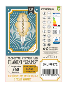 GloboStar® 99172 Λάμπα LED Soft S Spiral Filament E27 BH200 GRAPES Γλόμπος 8W 560lm 360° AC 220-240V IP20 Φ20 x Υ41cm Ultra Θερμό Λευκό 2200K με Μελί Γυαλί – Dimmable – 3 Χρόνια Εγγύηση
