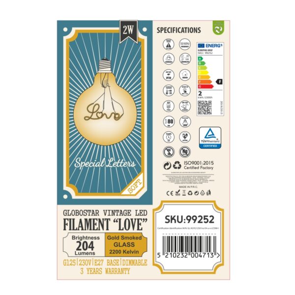 GloboStar® 99252 Λάμπα LED Ultra Thin Soft S Spiral Letter Filament E27 G125 LOVE Γλόμπος 2.4W 204lm 360° AC 220-240V IP20 Φ12.5 x Υ18cm Ultra Θερμό Λευκό 2200K με Μελί Γυαλί – Dimmable – 3 Years Warranty