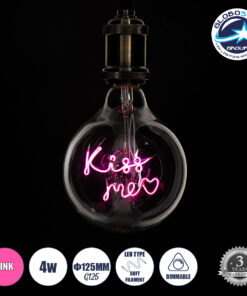 GloboStar® 99256 Λάμπα LED Ultra Thin Soft S Spiral Letter Filament E27 G125 KISS ME Γλόμπος 4W 340lm 360° AC 220-240V IP20 Φ12.5 x Υ18cm Ροζ με Διάφανο Γυαλί – Dimmable – 3 Years Warranty