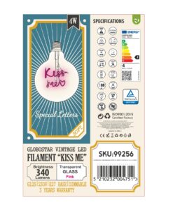 GloboStar® 99256 Λάμπα LED Ultra Thin Soft S Spiral Letter Filament E27 G125 KISS ME Γλόμπος 4W 340lm 360° AC 220-240V IP20 Φ12.5 x Υ18cm Ροζ με Διάφανο Γυαλί – Dimmable – 3 Years Warranty