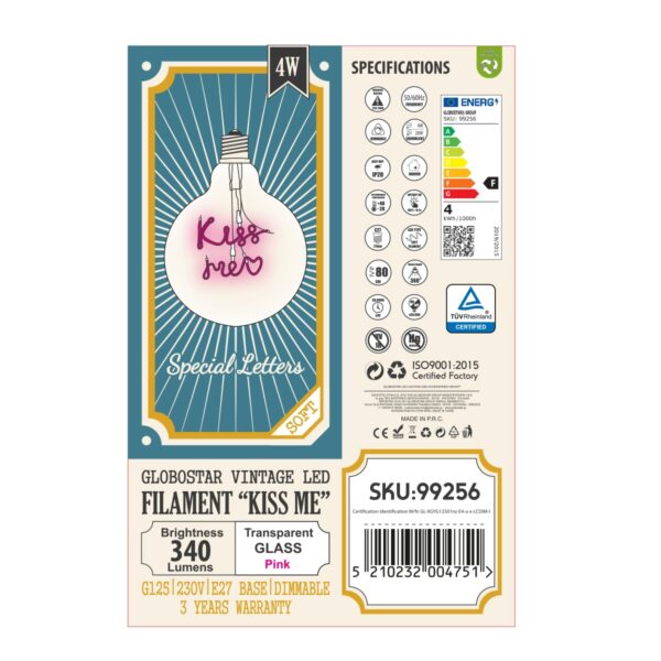 GloboStar® 99256 Λάμπα LED Ultra Thin Soft S Spiral Letter Filament E27 G125 KISS ME Γλόμπος 4W 340lm 360° AC 220-240V IP20 Φ12.5 x Υ18cm Ροζ με Διάφανο Γυαλί – Dimmable – 3 Years Warranty