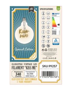 GloboStar® 99257 Λάμπα LED Ultra Thin Soft S Spiral Letter Filament E27 G125 KISS ME Γλόμπος 4W 340lm 360° AC 220-240V IP20 Φ12.5 x Υ18cm Ultra Θερμό Λευκό 2200K με Διάφανο Γυαλί – Dimmable – 3 Years Warranty