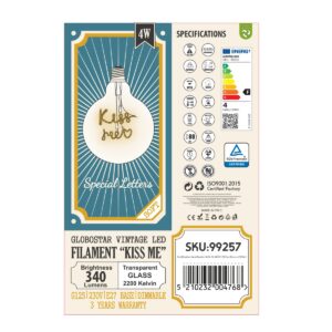GloboStar® 99257 Λάμπα LED Ultra Thin Soft S Spiral Letter Filament E27 G125 KISS ME Γλόμπος 4W 340lm 360° AC 220-240V IP20 Φ12.5 x Υ18cm Ultra Θερμό Λευκό 2200K με Διάφανο Γυαλί – Dimmable – 3 Years Warranty