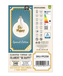 GloboStar® 99258 Λάμπα LED Ultra Thin Soft S Spiral Letter Filament E27 G125 BE HAPPY Γλόμπος 4W 340lm 360° AC 220-240V IP20 Φ12.5 x Υ18cm Ultra Θερμό Λευκό 2200K με Διάφανο Γυαλί – Dimmable – 3 Years Warranty