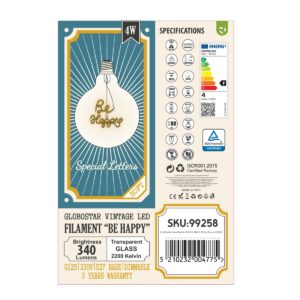 GloboStar® 99258 Λάμπα LED Ultra Thin Soft S Spiral Letter Filament E27 G125 BE HAPPY Γλόμπος 4W 340lm 360° AC 220-240V IP20 Φ12.5 x Υ18cm Ultra Θερμό Λευκό 2200K με Διάφανο Γυαλί – Dimmable – 3 Years Warranty