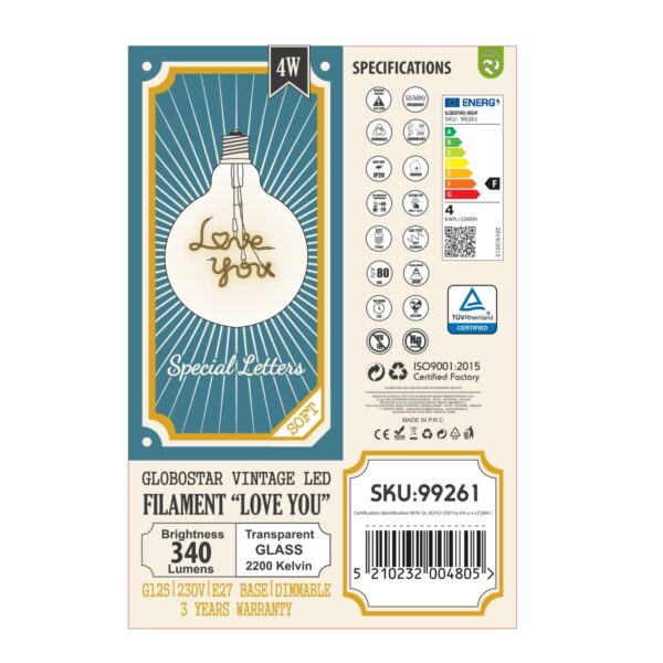 GloboStar® 99261 Λάμπα LED Ultra Thin Soft S Spiral Letter Filament E27 G125 LOVE YOU Γλόμπος 4W 340lm 360° AC 220-240V IP20 Φ12.5 x Υ18cm Ultra Θερμό Λευκό 2200K με Διάφανο Γυαλί – Dimmable – 3 Years Warranty