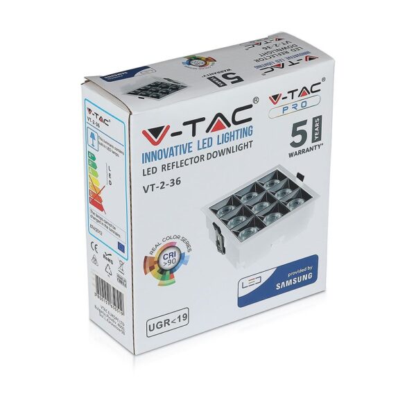 LED Φωτιστικό Χωνευτό 36W CRI>90 V-TAC PRO Samsung Chip 38° 2880lm Ψυχρό 5700K – 997