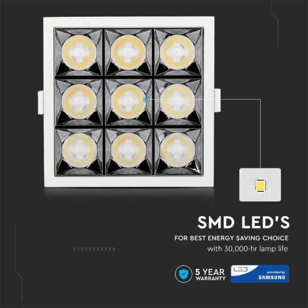LED Φωτιστικό Χωνευτό 36W CRI>90 V-TAC PRO Samsung Chip 38° 2880lm Ψυχρό 5700K – 997