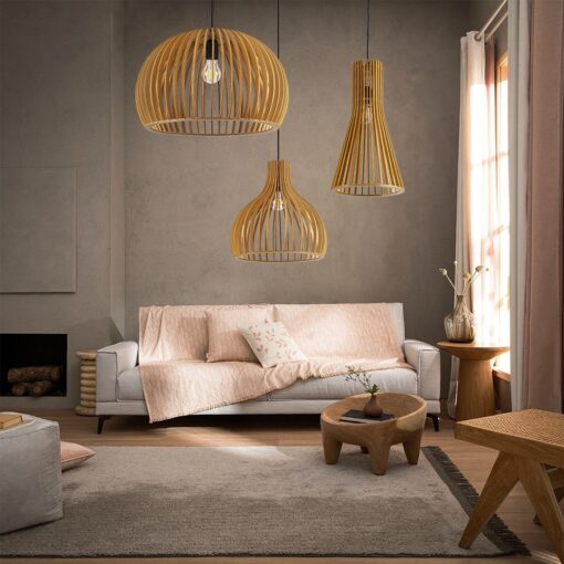 GloboStar® SCANDINAVIA 01699 Μοντέρνο Κρεμαστό Φωτιστικό Οροφής Μονόφωτο 1 x E27 Μπεζ Ξύλινο Πλέγμα Φ44 x Υ28cm