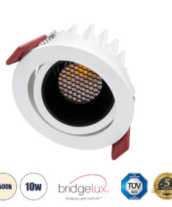 GloboStar® LEO-R 60282 Χωνευτό LED Spot Downlight TrimLess Φ8.5cm 10W 1300lm 38° AC 220-240V IP20 Φ8.5 x Υ6.6cm – Στρόγγυλο – Κινούμενο – Λευκό με Μαύρο Κάτοπτρο & Anti-Glare HoneyComb – Φυσικό Λευκό 4500K – Bridgelux COB – 5 Years Warranty
