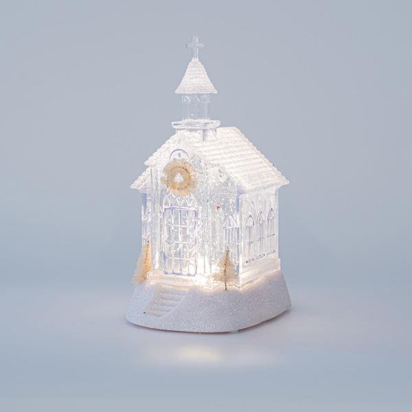 ΠΛΑΣΤΙΚΗ ΕΚΚΛΗΣΙΑ, ΔΙΑΦΑΝΗ, ΦΩΤΙΖΟΜΕΝΗ, ΜΕ ΝΕΡΟ, ΜΠΑΤΑΡΙΑΣ, 1 ΘΕΡΜΟ ΛΕΥΚΟ LED, 11,5x13x21,5cm EUROLAMP – 600-45703