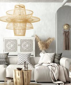 GloboStar® BALI 00861 Vintage Κρεμαστό Φωτιστικό Οροφής Μονόφωτο 1 x E27 Μπεζ Ξύλινο Bamboo Φ45 x Y42.5cm