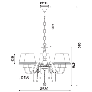 ACA DECOR   – Κρεμαστό 5ΧΕ14 Μεταλλικό Μαύρο+Ασπρόμαυρο Αμπαζούρ + Κρύσταλλο Φ63ΧΗ95cm