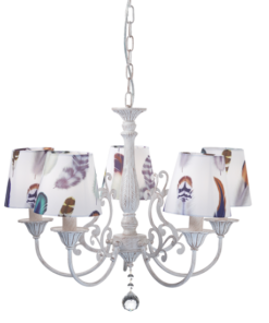 ACA DECOR – Κρεμαστό Φωτιστικό 5ΧΕ14 Μεταλλικό Λευκό-Μωβ + Αμπαζούρ Φτερά Φ60ΧΗ93cm