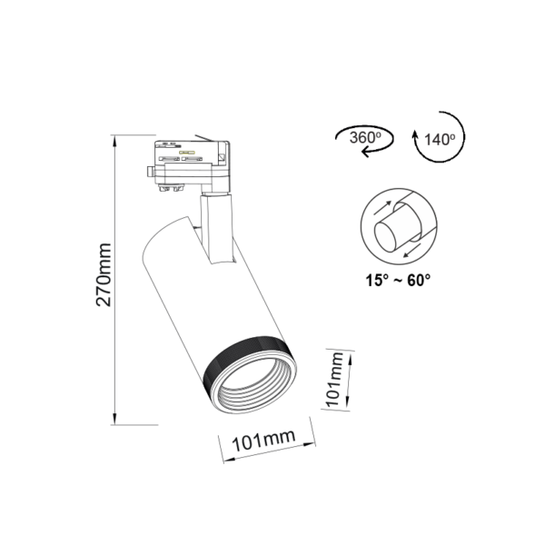 BLACK LED TRACK LIGHT 40W 4000K 4wires 15-60° 3100lm230VRa80 ACA – FOCUS4040B4