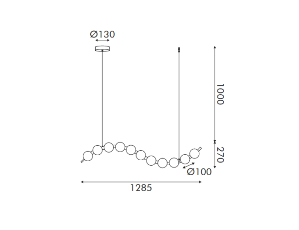 Pendant light fixture technical diagram with dimensions: Ø130, Ø100, height 1000, drop 270, width 1285.