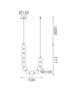Διάγραμμα διαστάσεων κρεμαστού φωτιστικού με 12 σφαίρες, μήκους 1000 mm και πλάτους 530 mm.