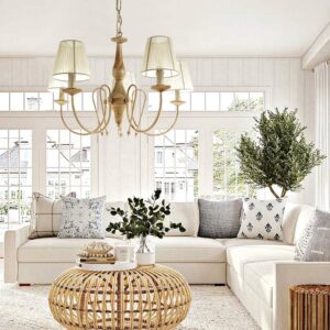 InLight Κρεμαστό φωτιστικό από μέταλλο σε μπεζ πατίνα και υφασμάτινο καπέλο 5XE14 D:60cm (5308-5)