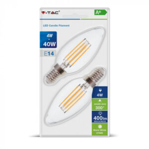 LED Λάμπα E14 Κεράκι 4W Filament V-TAC 300° 400lm 2 Τεμάχια Θερμό Λευκό 2700Κ – 7365