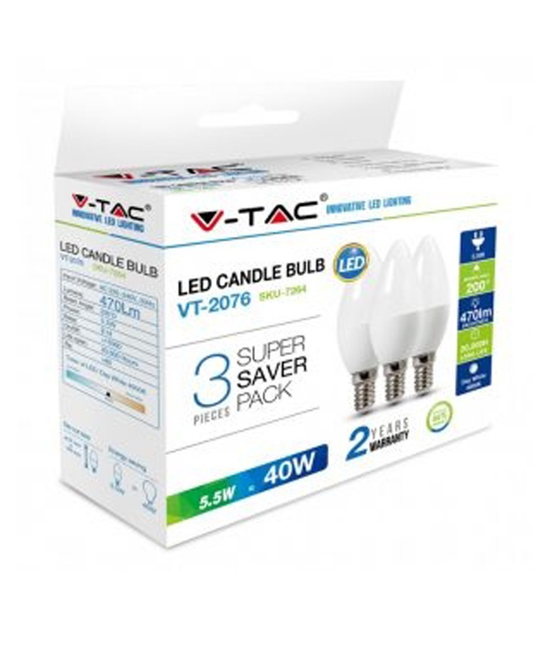 LED Λάμπα E14 4.5W V-TAC 3 Τμχ Ψυχρό Λευκό 6500K – 217265