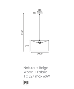 Κρεμαστό Φωτιστικό 1xΕ27 με Φυσικό Ξύλο & Μπεζ Υφασμάτινο Καπέλο H56CM D27CM CLIFF ACA – MP21858