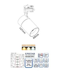 Σποτ Ράγας LED COB 30W Dimmable Τριφασικό Universe CCT 3000-5000K 2850lm 38° Μαύρο 2-U011907